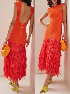 Aje Rushes Raffia Midi‎ Dress Orange Knit Ribbed Fringe Size XXS